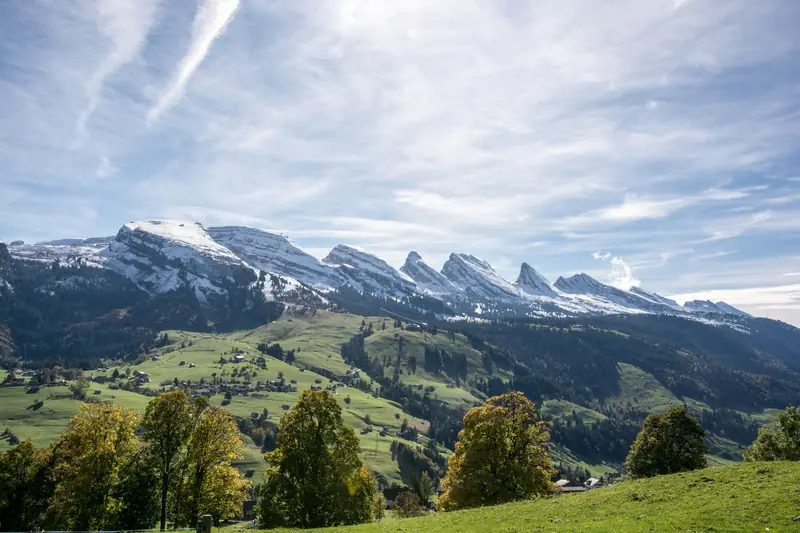 Bergkette mit gezackten Gipfeln über grünen Wiesen, aufgenommen in Wildhaus.