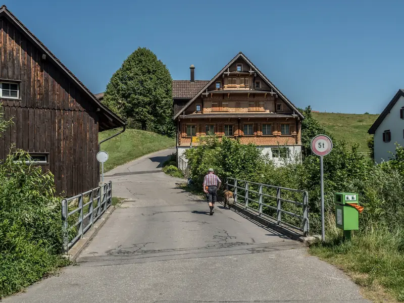 Eine Strassenbrücke über die Glatt bei der Zellersmüli, dahinter Holzhäuser.