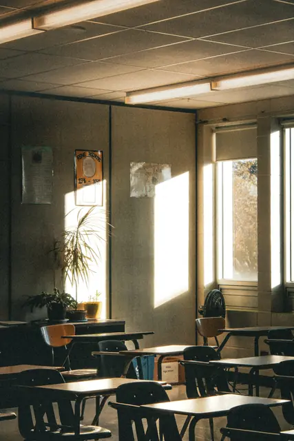 Sonnenlicht fällt durch hohe Fenster in ein leeres Klassenzimmer.