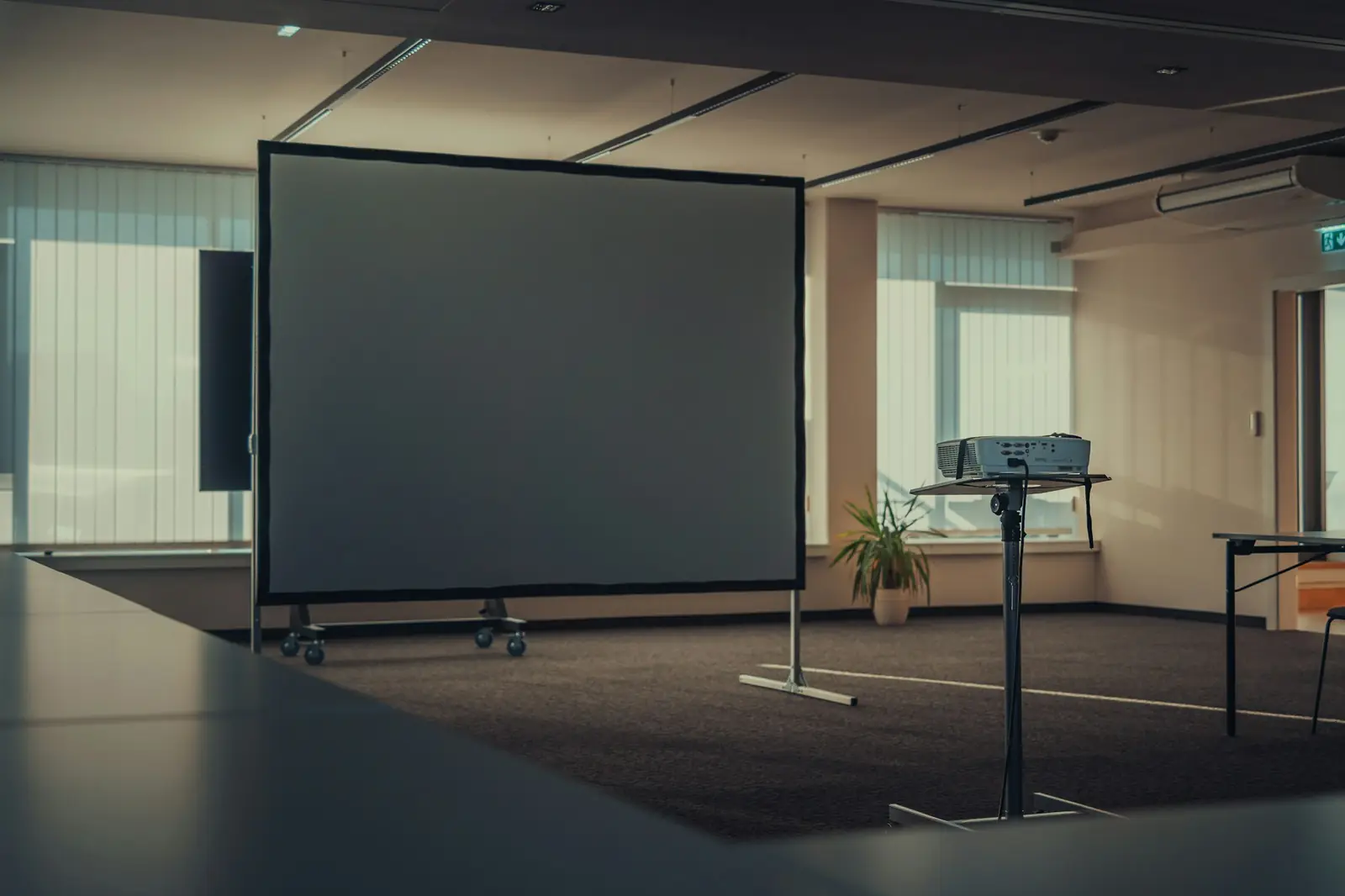 Eine grosse Leinwand und ein Beamer in einem leeren, hellen Raum.