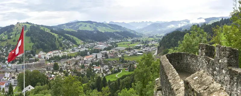 Blick über Wattwil mit einer Schweizer Fahne im Vordergrund und Hügeln dahinter.